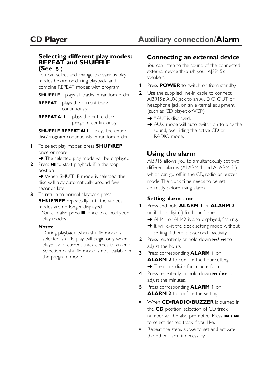 Cd player auxiliary connection/ alarm, Connecting an external device, Using the alarm | Philips AJ3915CD User Manual | Page 7 / 14