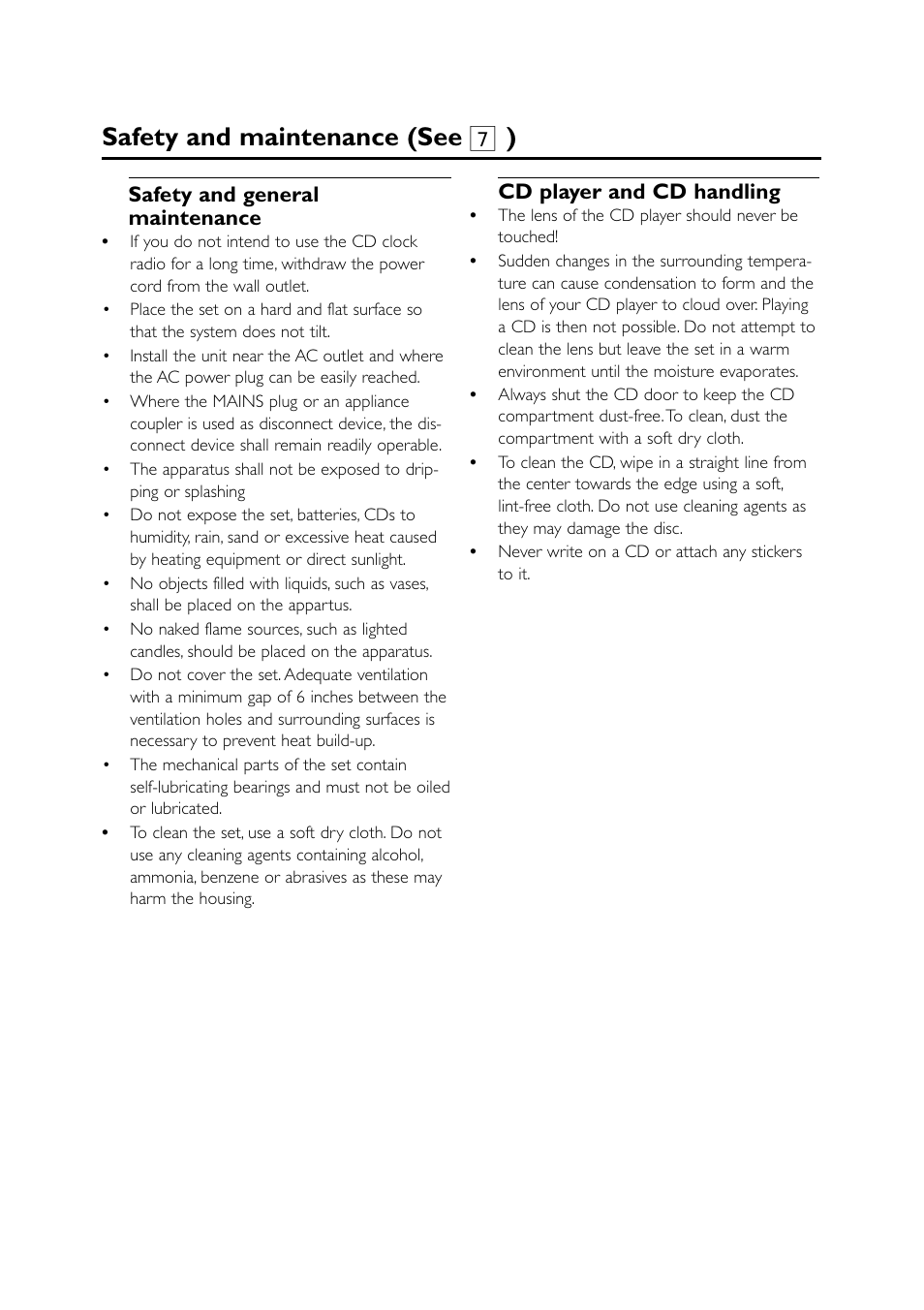 Safety and maintenance (see 7 ), Safety and general maintenance, Cd player and cd handling | Philips AJ3915CD User Manual | Page 9 / 14