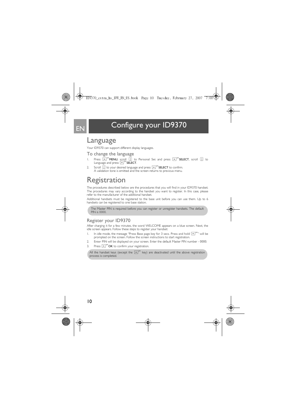 Language, To change the language, Registration | Register your id937, Configure your id9370 language, Register your id9370 | Philips ID9370B User Manual | Page 10 / 30