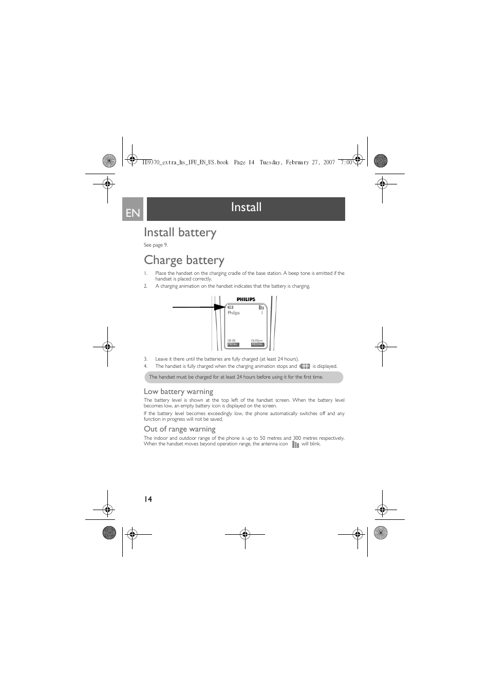 Install, Install battery, Charge battery | Low battery warning, Out of range warning, Install install battery | Philips ID9370B User Manual | Page 14 / 30