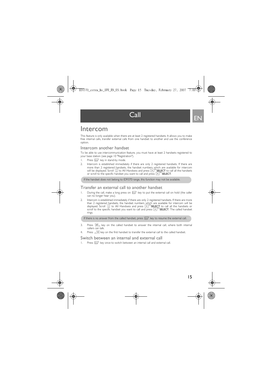 Call, Intercom, Intercom another handset | Transfer an external call to another handset, Switch between an internal and external call, Call intercom | Philips ID9370B User Manual | Page 15 / 30