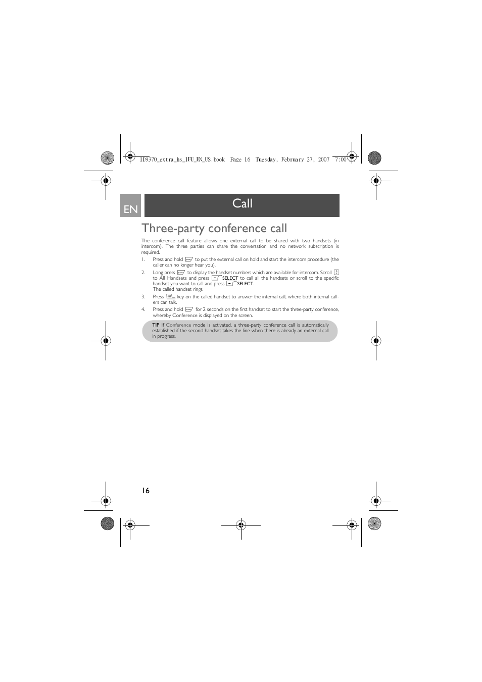 Three-party conference call, Call three-party conference call | Philips ID9370B User Manual | Page 16 / 30