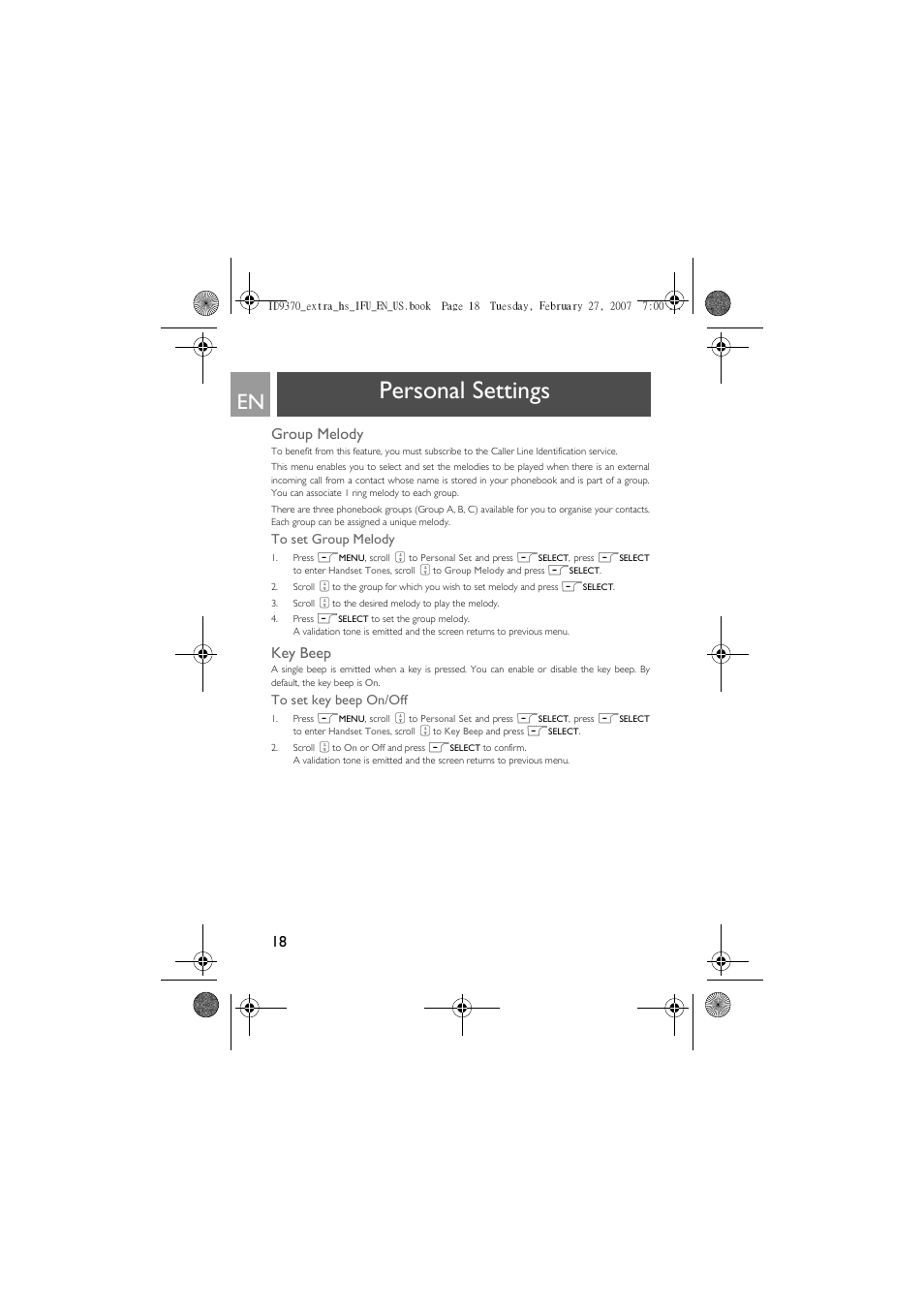 Group melody, Key beep, Personal settings | Philips ID9370B User Manual | Page 18 / 30