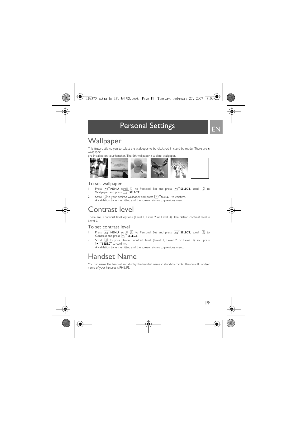 Wallpaper, To set wallpaper, Contrast level | To set contrast level, Handset name, Personal settings wallpaper | Philips ID9370B User Manual | Page 19 / 30