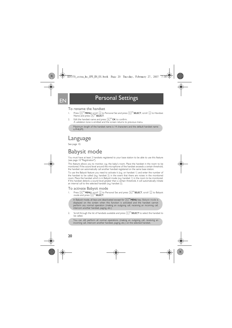 To rename the handset, Language, Babysit mode | To activate babysit mode, Personal settings | Philips ID9370B User Manual | Page 20 / 30