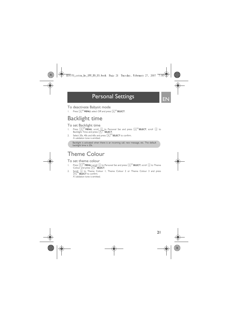 To deactivate babysit mode, Backlight time, To set backlight time | Theme colour, To set theme colour, Personal settings | Philips ID9370B User Manual | Page 21 / 30