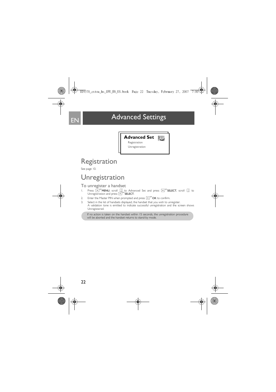 Advanced settings, Registration, Unregistration | To unregister a handset, Advanced settings registration | Philips ID9370B User Manual | Page 22 / 30