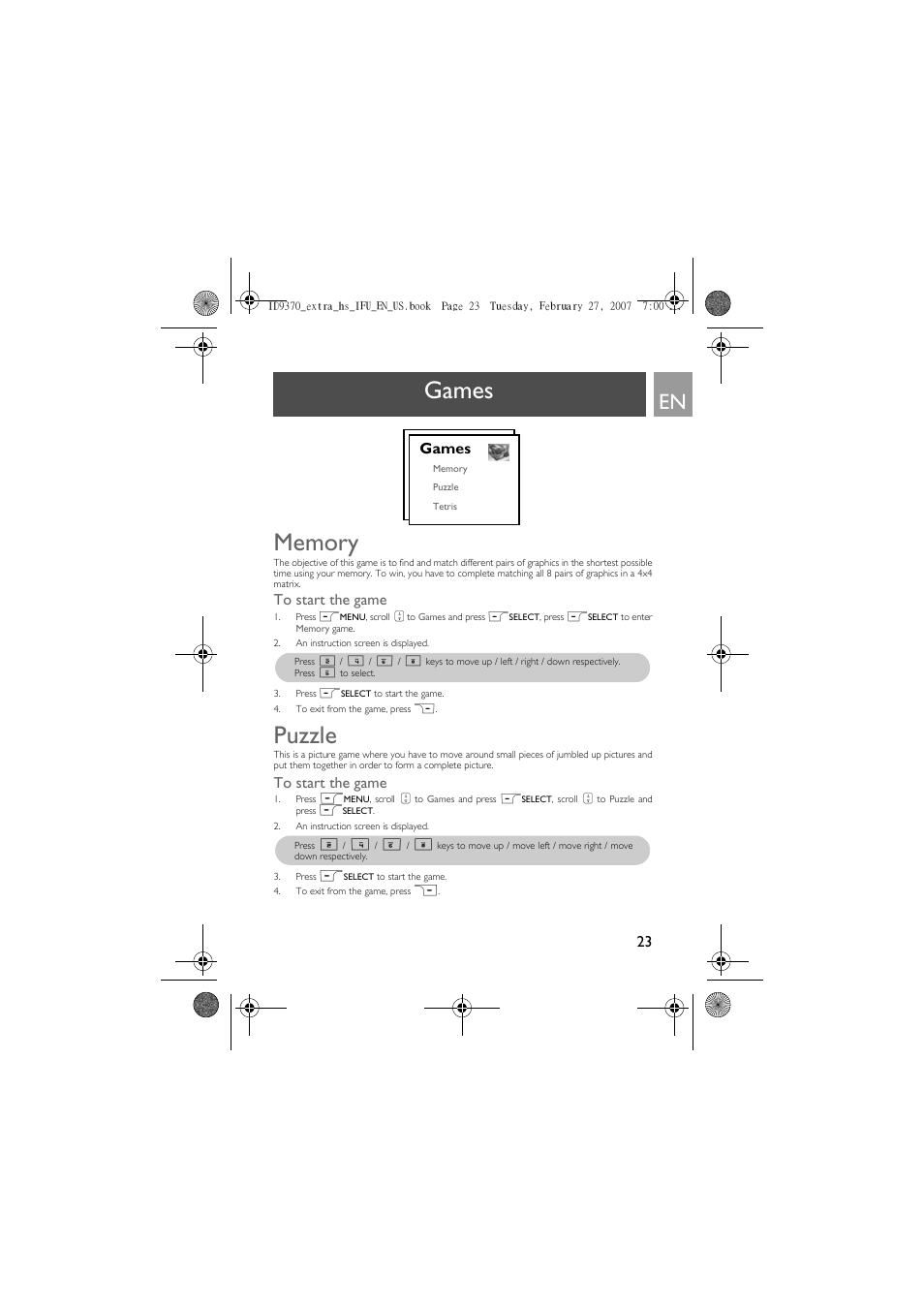Games, Memory, To start the game | Puzzle | Philips ID9370B User Manual | Page 23 / 30