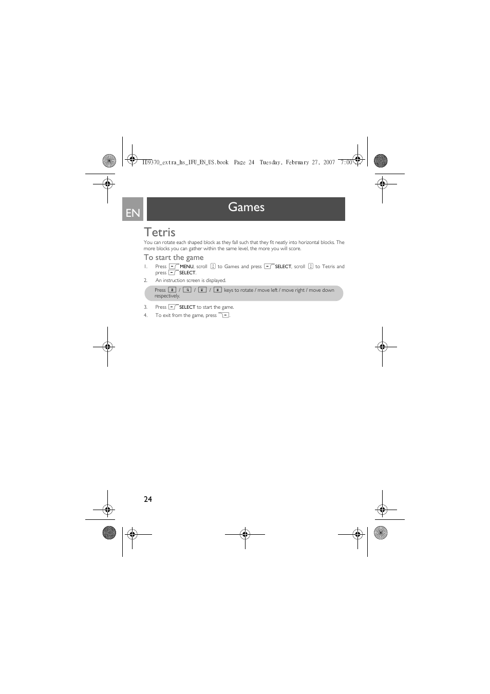 Tetris, To start the game, Games tetris | Philips ID9370B User Manual | Page 24 / 30