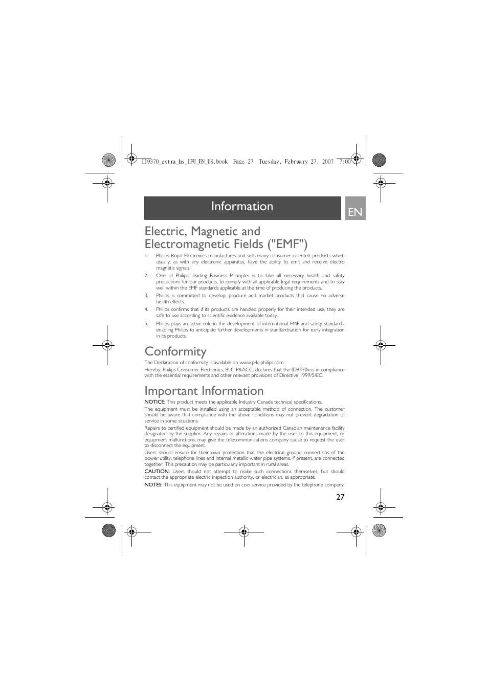 Information, Conformity, Important information | Philips ID9370B User Manual | Page 27 / 30