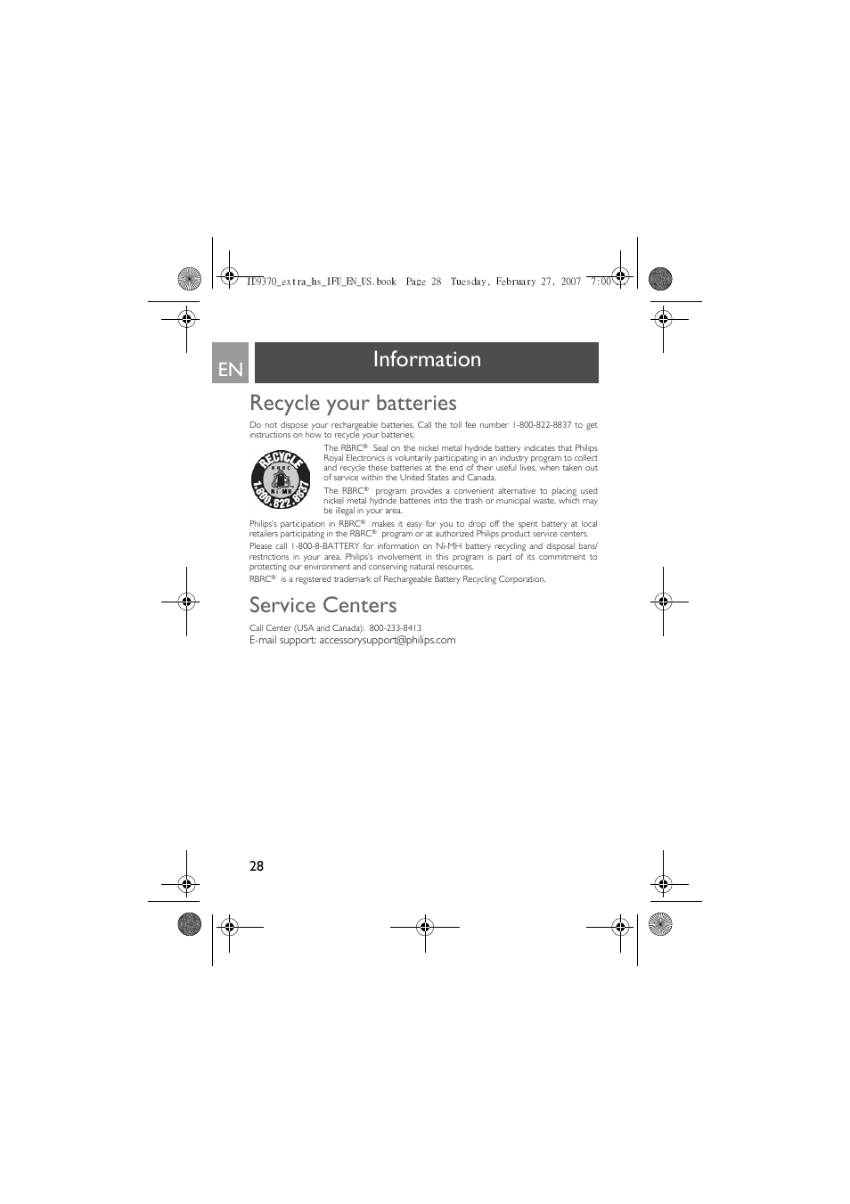 Recycle your batteries, Service centers, Information recycle your batteries | Philips ID9370B User Manual | Page 28 / 30