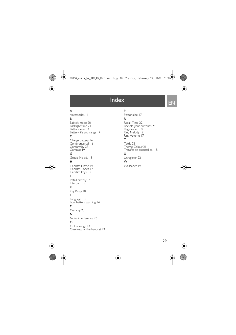 Index | Philips ID9370B User Manual | Page 29 / 30