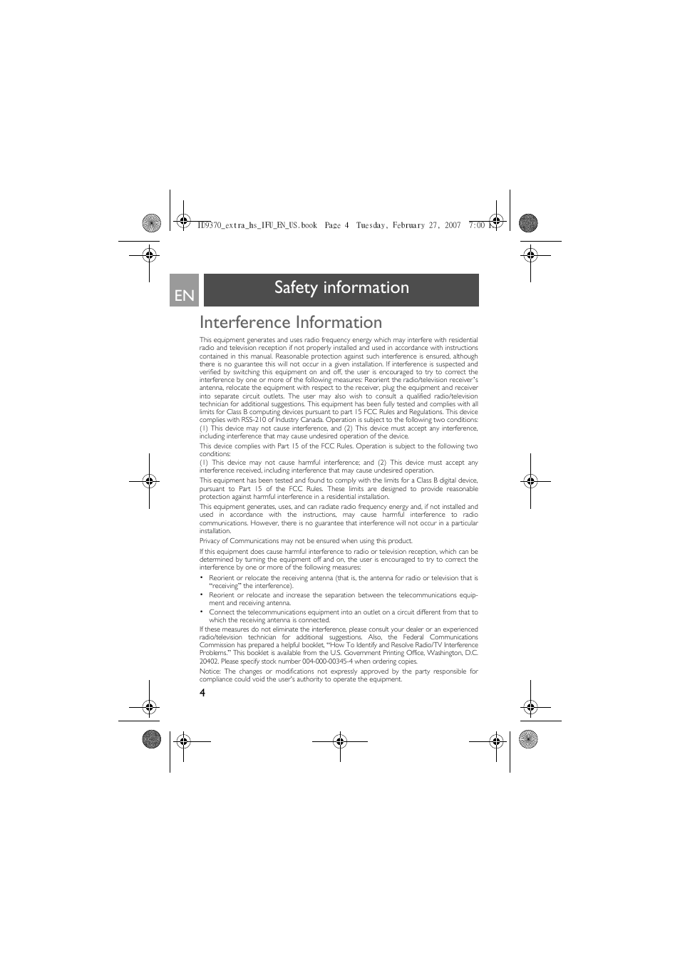 Interference information, Safety information interference information | Philips ID9370B User Manual | Page 4 / 30