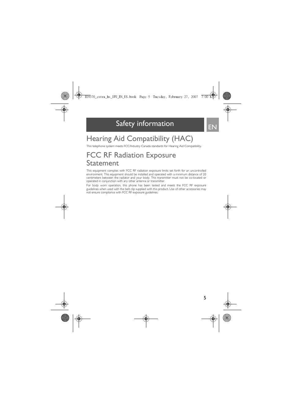 Hearing aid compatibility (hac), Fcc rf radiation exposure statement, Safety information hearing aid compatibility (hac) | Philips ID9370B User Manual | Page 5 / 30