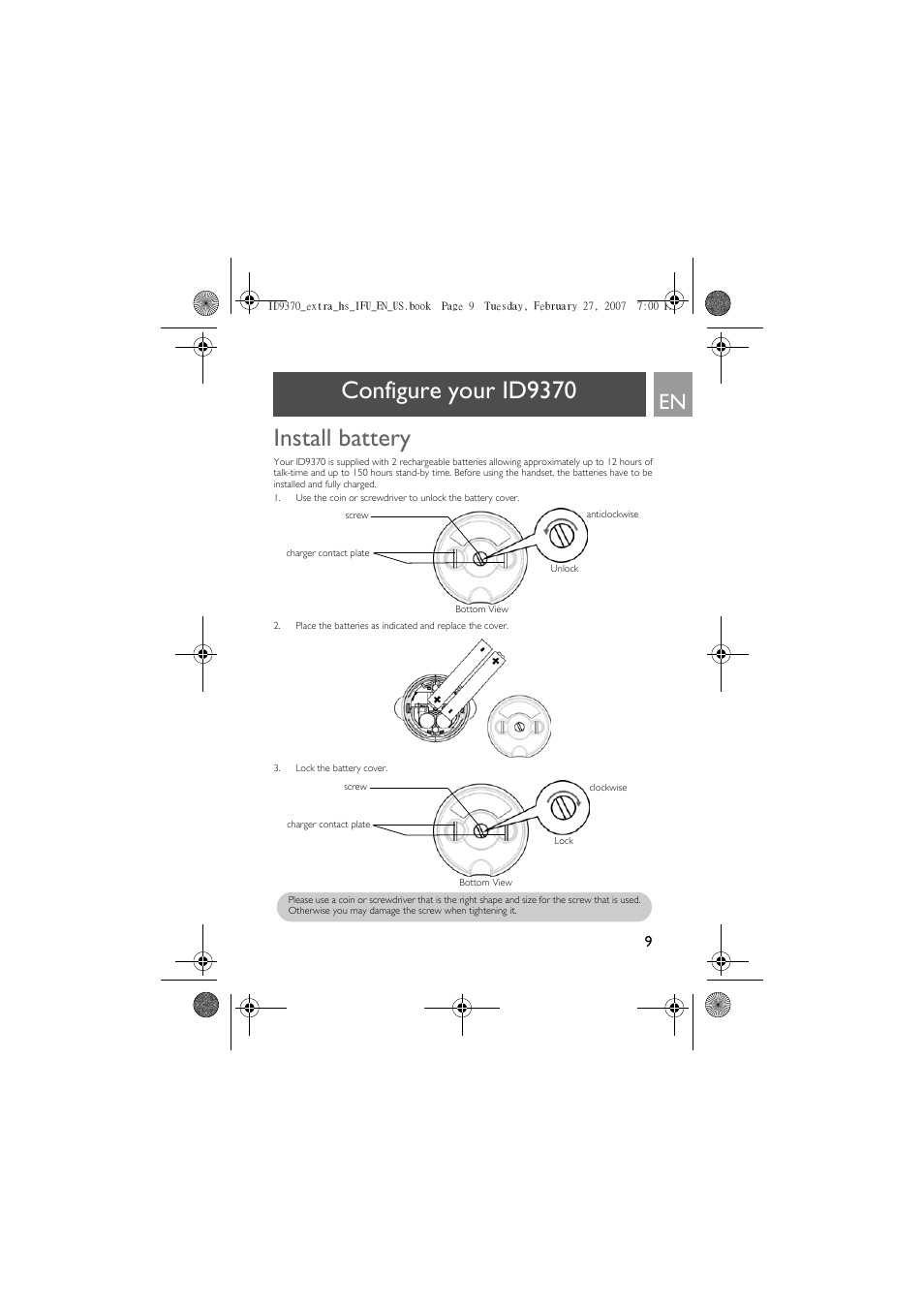 Configure your id9370, Install battery, Configure your id9370 install battery | Philips ID9370B User Manual | Page 9 / 30