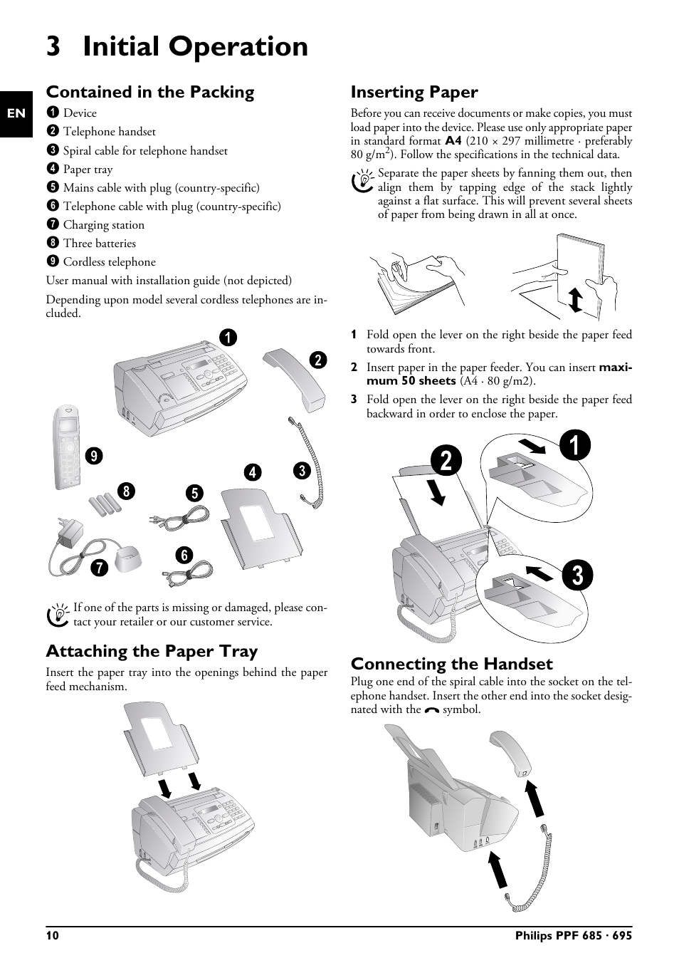 3 initial operation, Contained in the packing, Attaching the paper tray | Inserting paper, Connecting the handset, User manual with installation guide (not depicted), Follow the specifications in the technical data | Philips MAGIC 5 ECO PPF 695 User Manual | Page 10 / 56