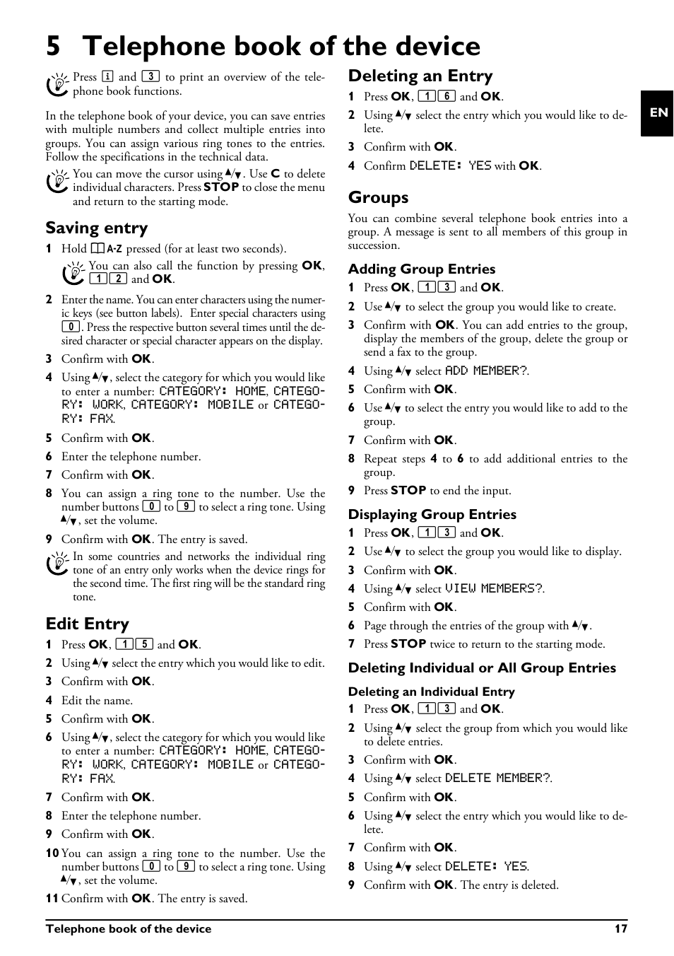 5 telephone book of the device, Saving entry, Edit entry | Deleting an entry, Groups, Adding group entries, Displaying group entries, Deleting individual or all group entries, Saving entry edit entry deleting an entry groups | Philips MAGIC 5 ECO PPF 695 User Manual | Page 17 / 56