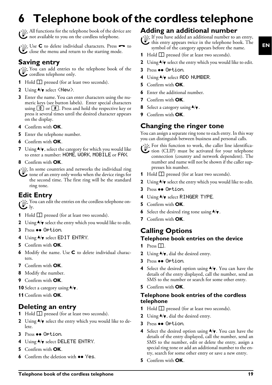 6 telephone book of the cordless telephone, Saving entry, Edit entry | Deleting an entry, Adding an additional number, Changing the ringer tone, Calling options, Telephone book entries on the device, Telephone book entries of the cordless telephone | Philips MAGIC 5 ECO PPF 695 User Manual | Page 19 / 56