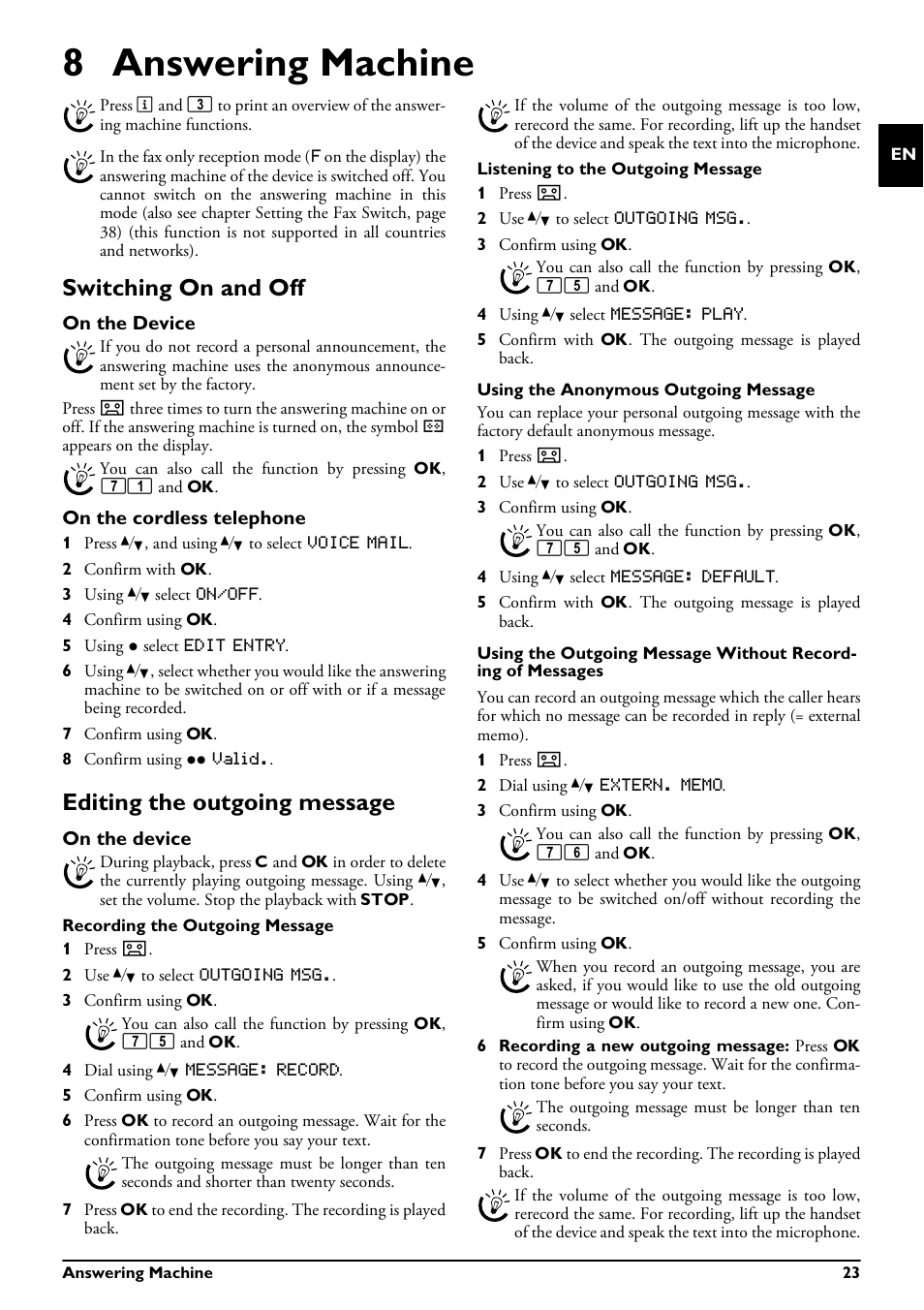 8 answering machine, Switching on and off, On the device | On the cordless telephone, Editing the outgoing message, Switching on and off editing the outgoing message | Philips MAGIC 5 ECO PPF 695 User Manual | Page 23 / 56