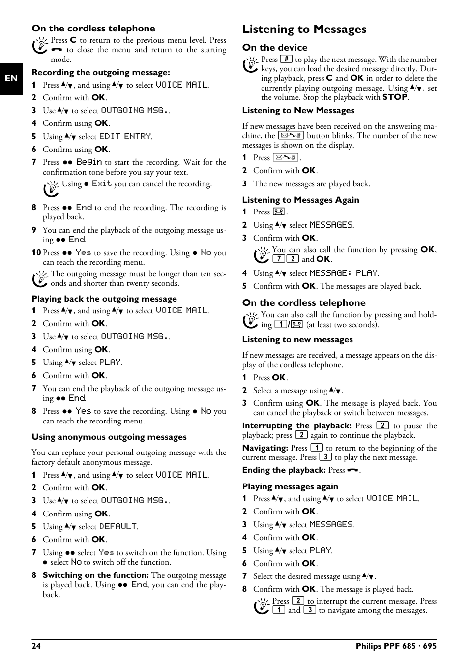 On the cordless telephone, Listening to messages, On the device | Philips MAGIC 5 ECO PPF 695 User Manual | Page 24 / 56