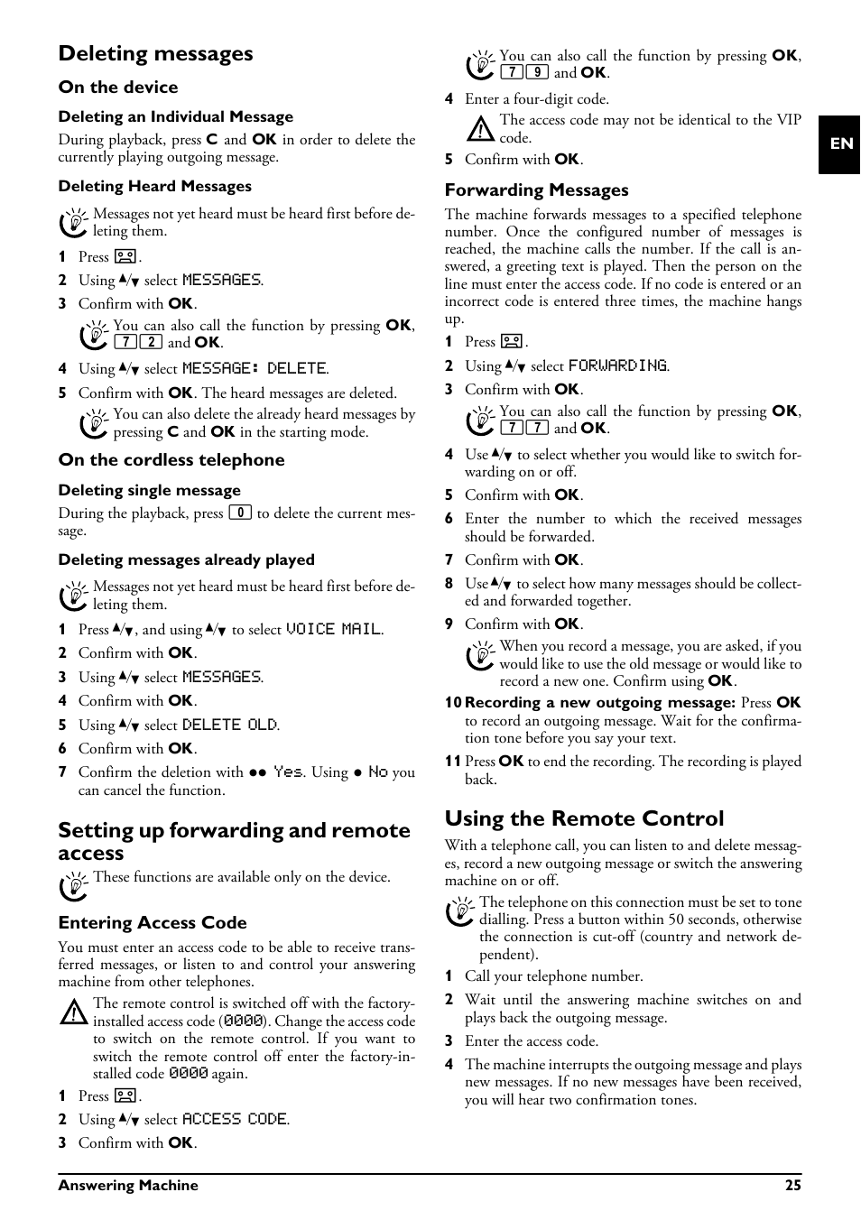 Deleting messages, On the device, On the cordless telephone | Setting up forwarding and remote access, Entering access code, Forwarding messages, Using the remote control | Philips MAGIC 5 ECO PPF 695 User Manual | Page 25 / 56