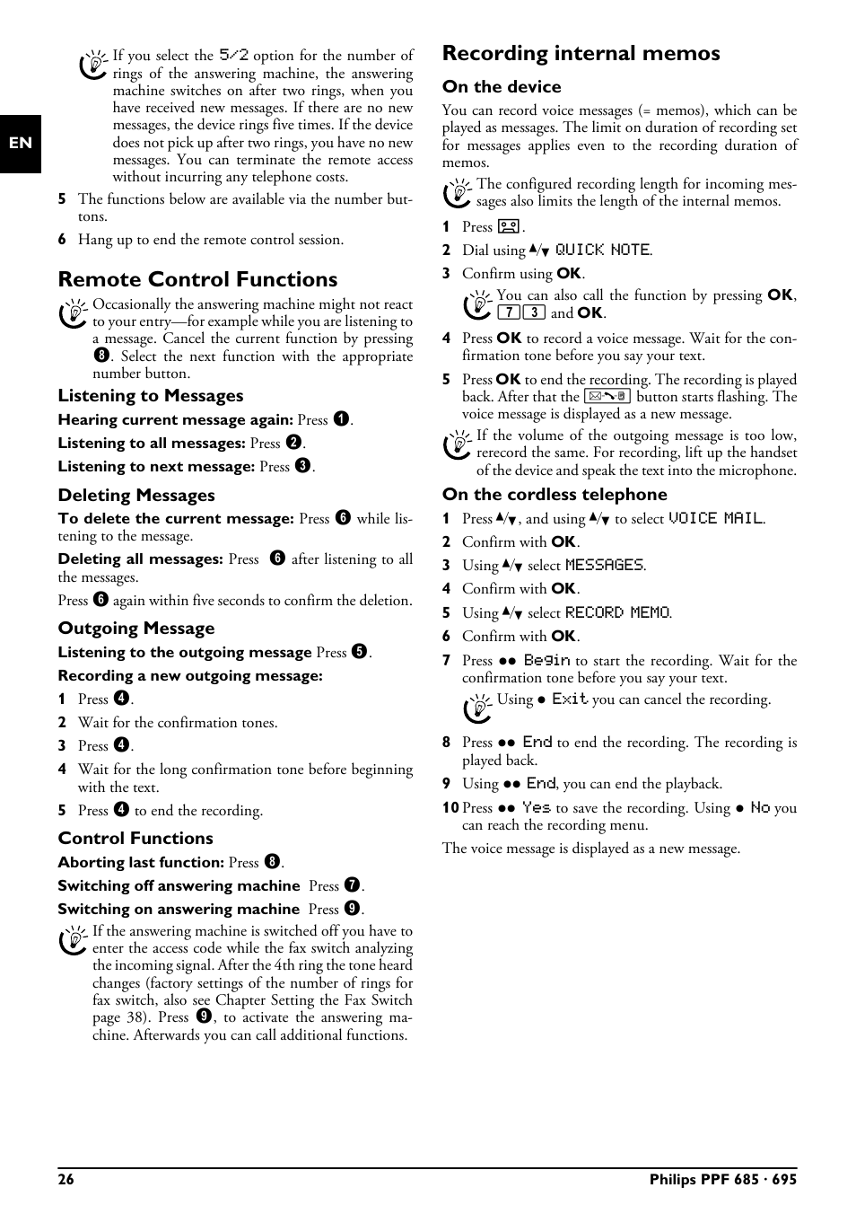 Remote control functions, Recording internal memos, On the device | On the cordless telephone, Remote control functions recording internal memos | Philips MAGIC 5 ECO PPF 695 User Manual | Page 26 / 56