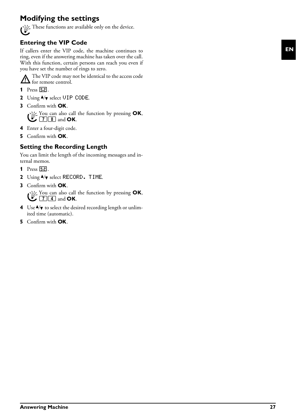 Modifying the settings, Entering the vip code, Setting the recording length | Philips MAGIC 5 ECO PPF 695 User Manual | Page 27 / 56