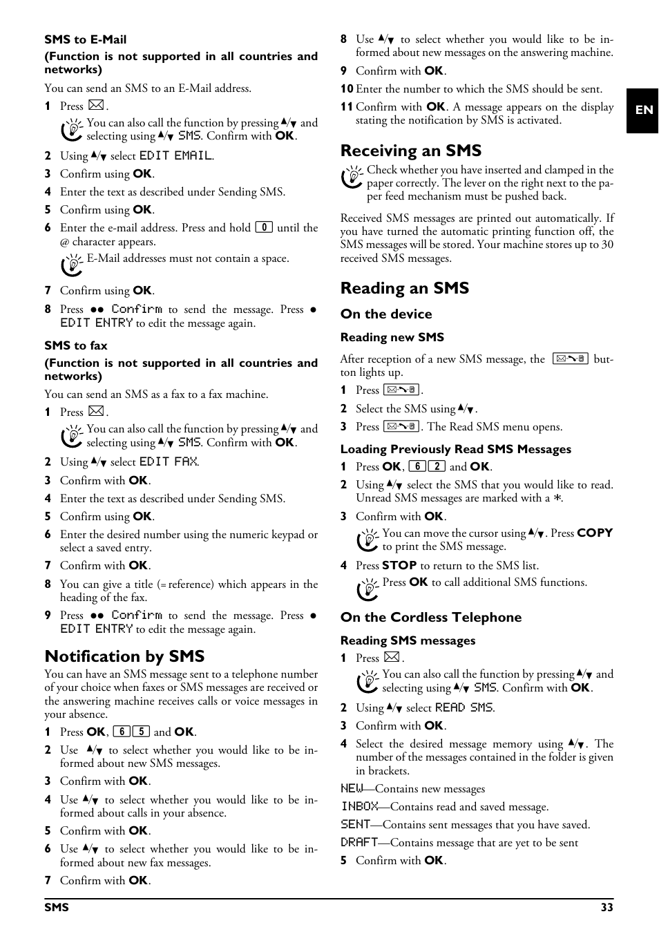 Notification by sms, Receiving an sms, Reading an sms | On the device, On the cordless telephone | Philips MAGIC 5 ECO PPF 695 User Manual | Page 33 / 56