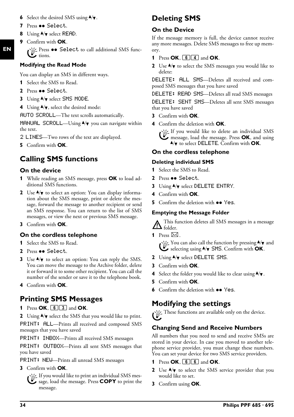 Calling sms functions, On the device, On the cordless telephone | Printing sms messages, Deleting sms, Modifying the settings, Changing send and receive numbers | Philips MAGIC 5 ECO PPF 695 User Manual | Page 34 / 56