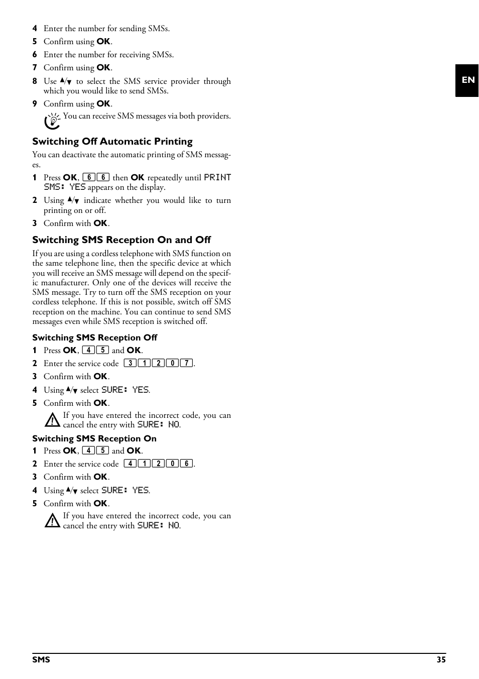 Switching off automatic printing, Switching sms reception on and off | Philips MAGIC 5 ECO PPF 695 User Manual | Page 35 / 56