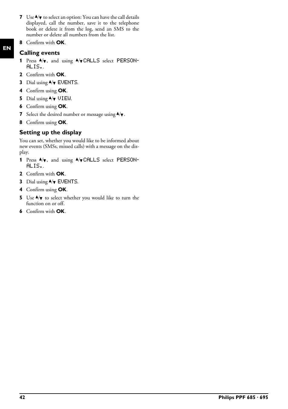 Calling events, Setting up the display | Philips MAGIC 5 ECO PPF 695 User Manual | Page 42 / 56