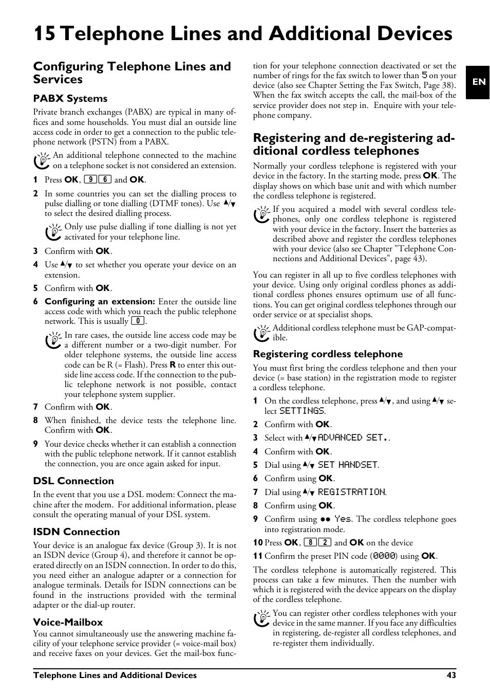 15 telephone lines and additional devices, Configuring telephone lines and services, Pabx systems | Dsl connection, Isdn connection, Voice-mailbox, Registering cordless telephone | Philips MAGIC 5 ECO PPF 695 User Manual | Page 43 / 56