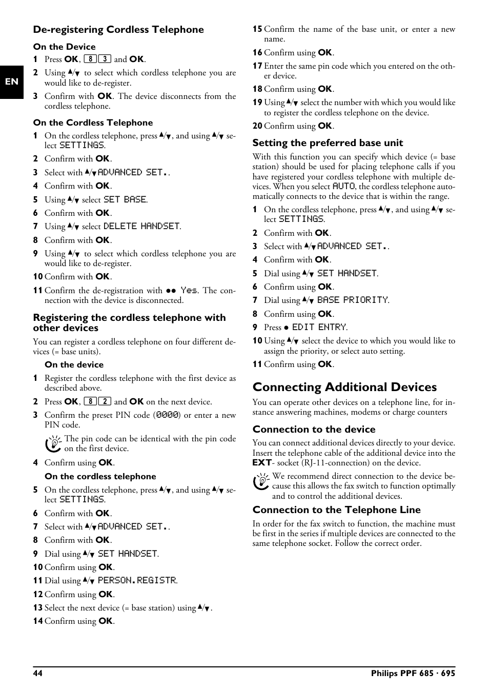 De-registering cordless telephone, Setting the preferred base unit, Connecting additional devices | Connection to the device, Connection to the telephone line | Philips MAGIC 5 ECO PPF 695 User Manual | Page 44 / 56