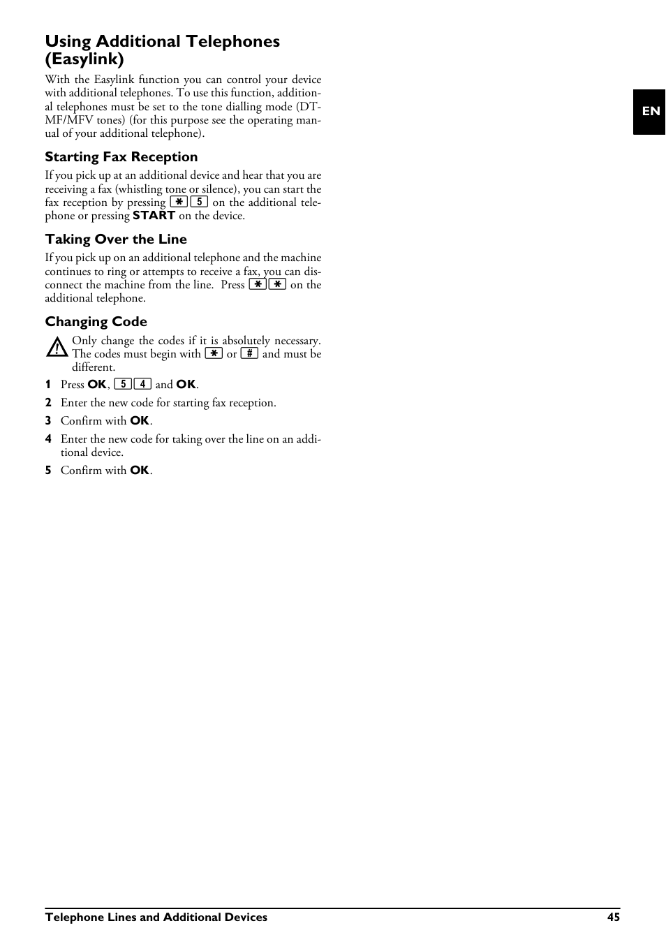 Using additional telephones (easylink), Starting fax reception, Taking over the line | Changing code | Philips MAGIC 5 ECO PPF 695 User Manual | Page 45 / 56