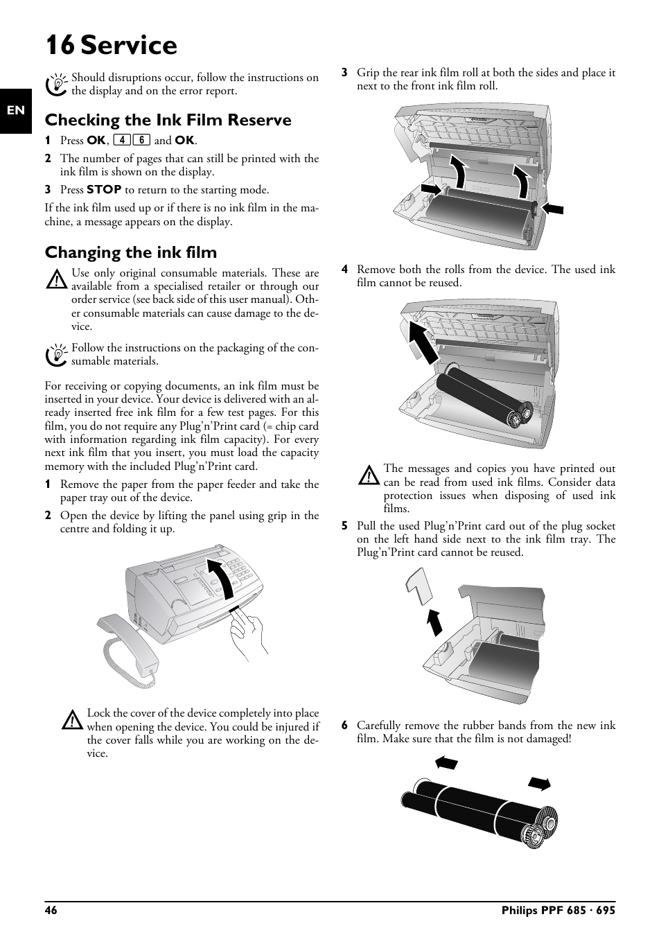 16 service, Checking the ink film reserve, Changing the ink film | Philips MAGIC 5 ECO PPF 695 User Manual | Page 46 / 56