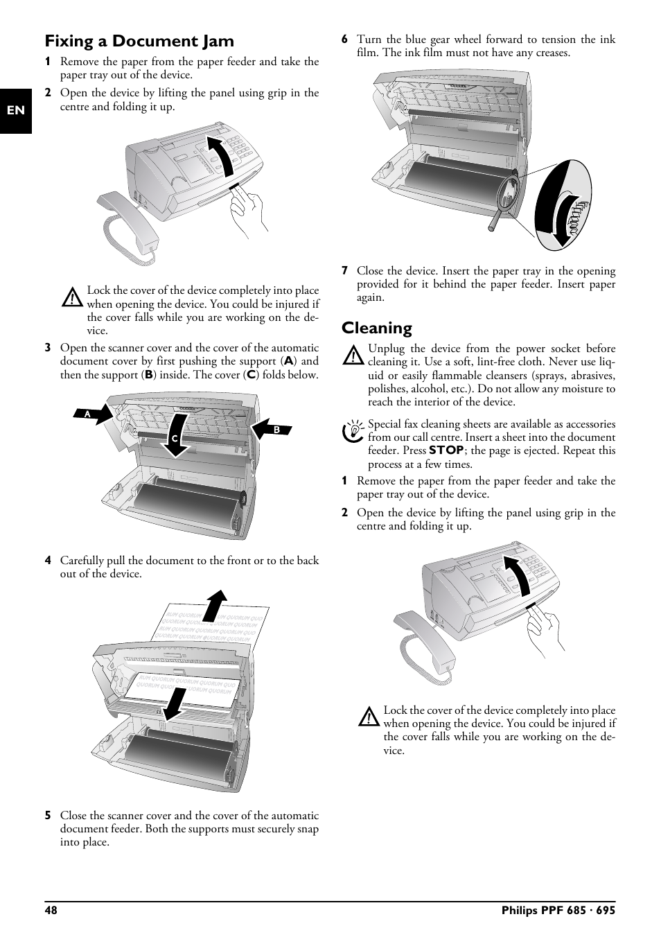 Fixing a document jam, Cleaning, Fixing a document jam cleaning | Philips MAGIC 5 ECO PPF 695 User Manual | Page 48 / 56