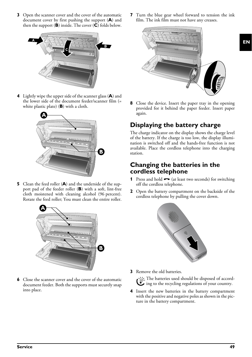 Displaying the battery charge, Changing the batteries in the cordless telephone | Philips MAGIC 5 ECO PPF 695 User Manual | Page 49 / 56