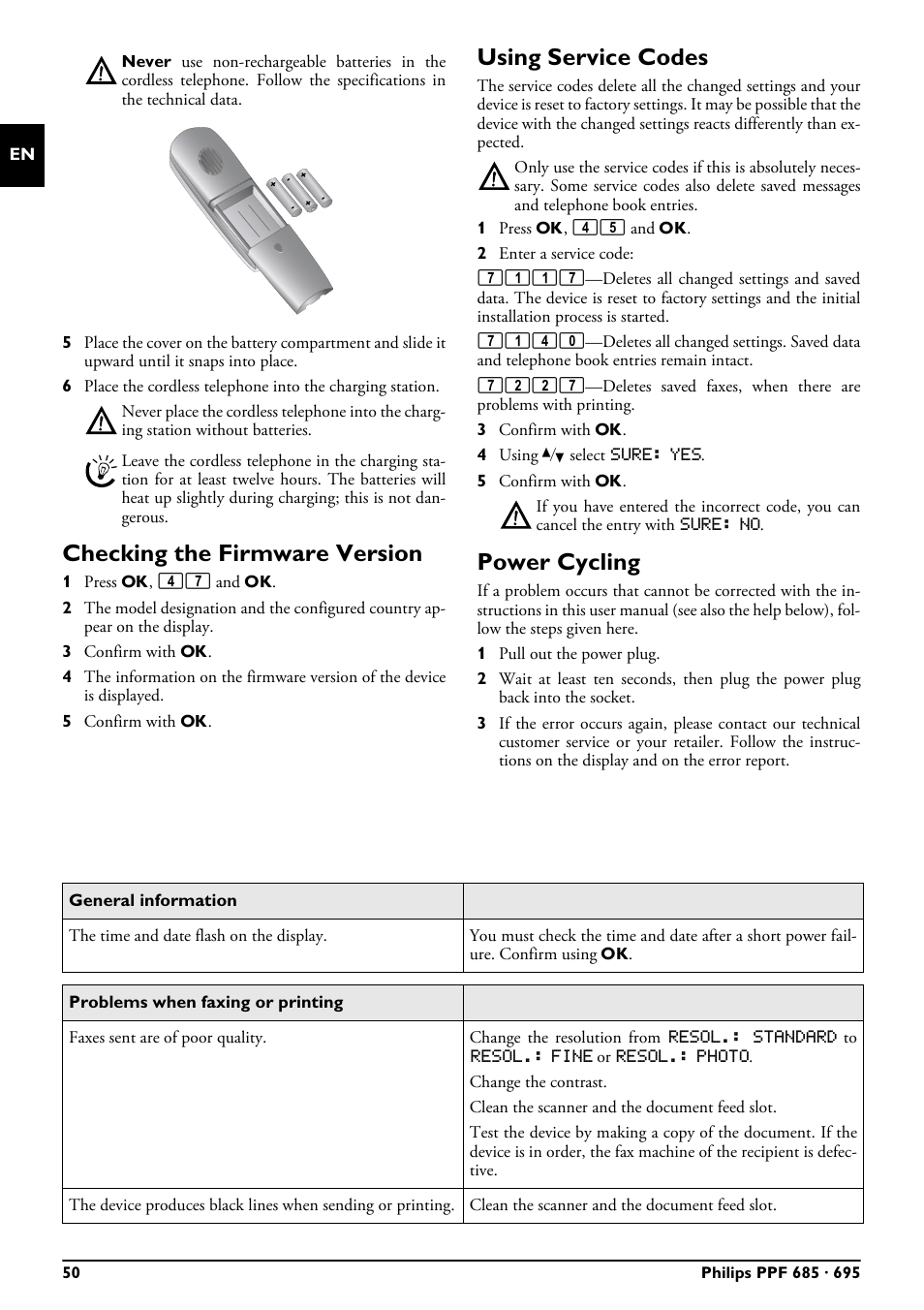 Checking the firmware version, Using service codes, Power cycling | Philips MAGIC 5 ECO PPF 695 User Manual | Page 50 / 56