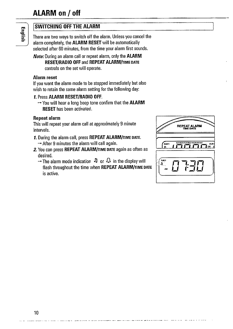 Alarm on/off, Switching off the alarm, V 3 u | Philips AJ3720 User Manual | Page 10 / 15