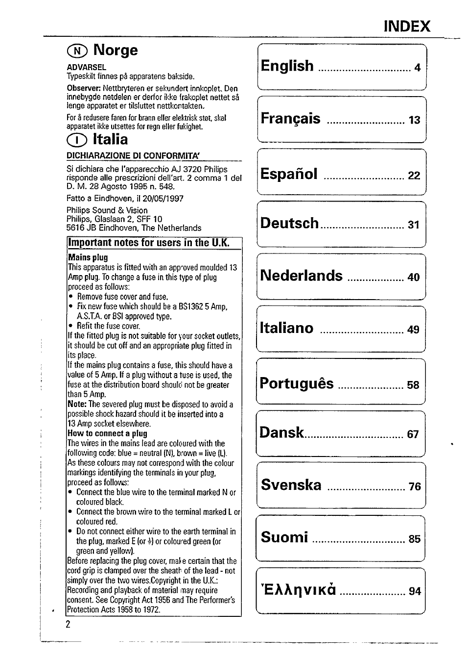 Ch) norge, Ò italia, Important notes for users ¡n the u.k | Deutsch, Index | Philips AJ3720 User Manual | Page 2 / 15