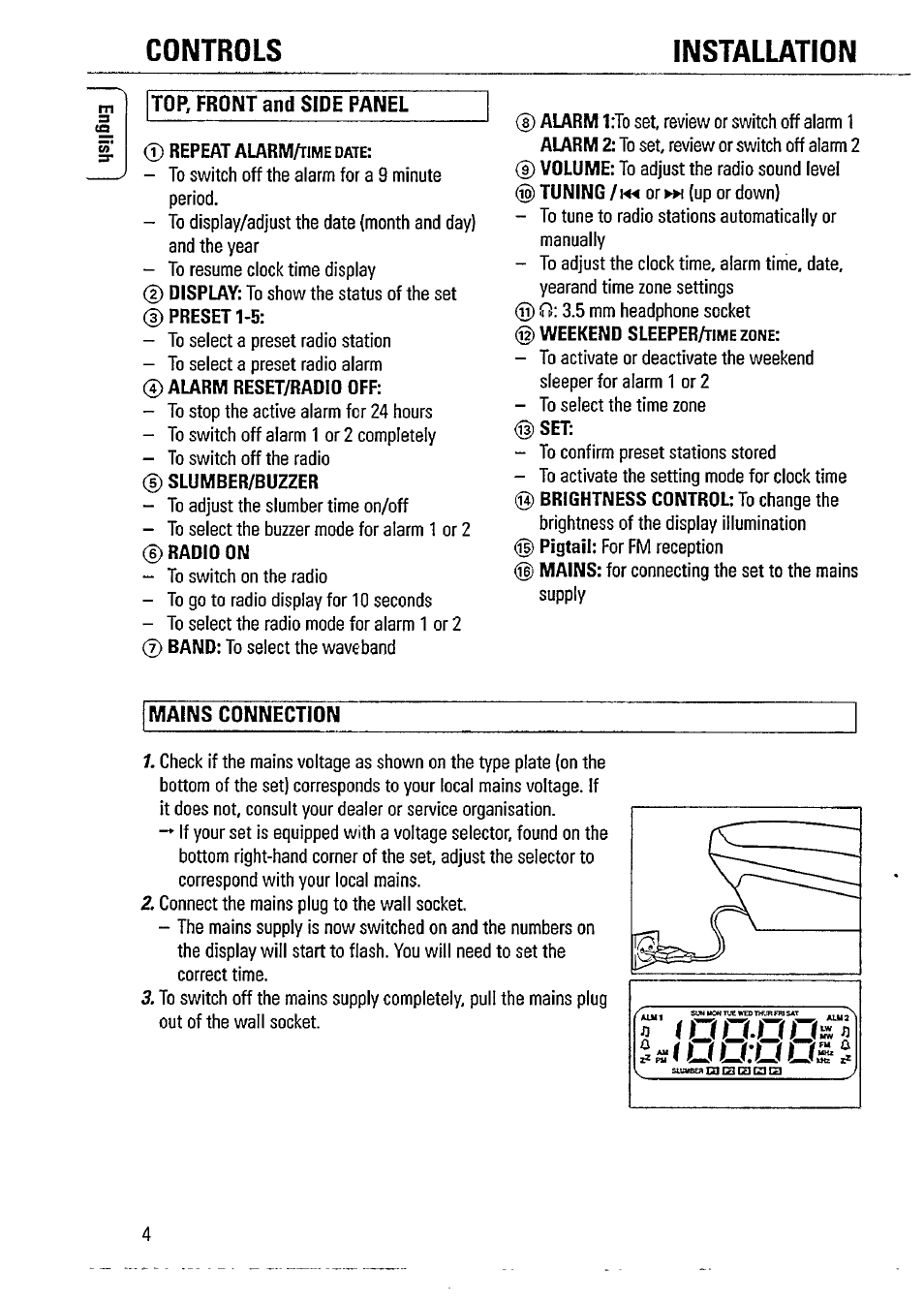 Installation, Mains connection, Controls installation | Philips AJ3720 User Manual | Page 4 / 15