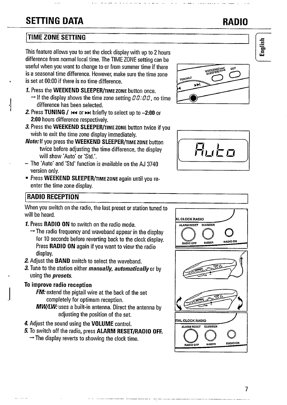 Setting data, Time zone setting, Radio reception | Setting data radio | Philips AJ3720 User Manual | Page 7 / 15