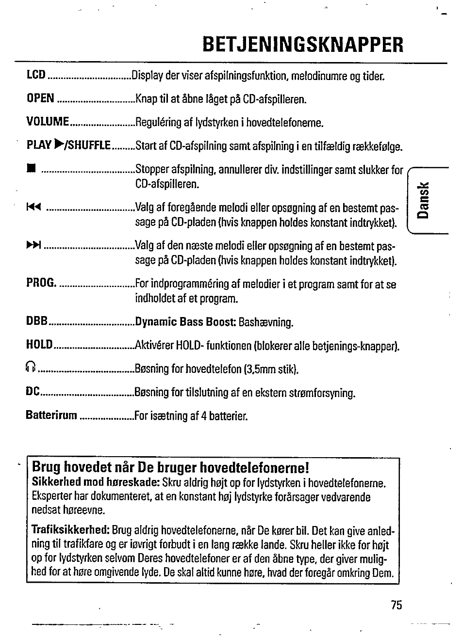 Brug hovedet när de bruger hovedtelefonerne, Betjeningsknapper | Philips AZ 7162 User Manual | Page 5 / 20