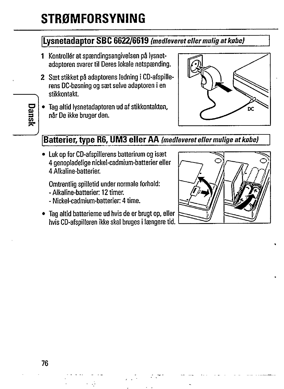 Str0mforsyning, Batterier, type r6, um3 aller aa | Philips AZ 7162 User Manual | Page 6 / 20