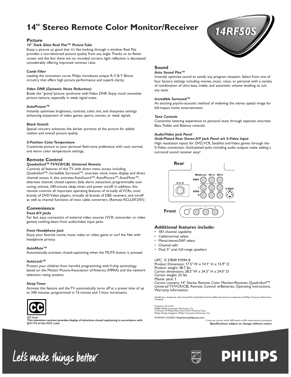 14rf50s, 14" stereo remote color monitor/receiver | Philips 14RF50S User Manual | Page 2 / 2