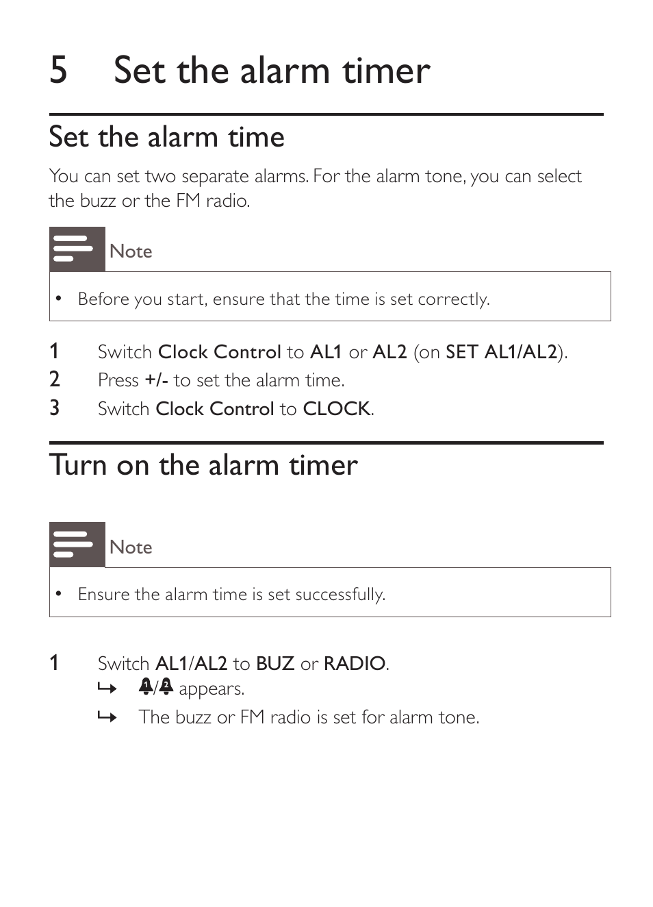 5 set the alarm timer, Set the alarm time, Turn on the alarm timer | Philips CLOCK/TIMER AJ1000 User Manual | Page 10 / 16
