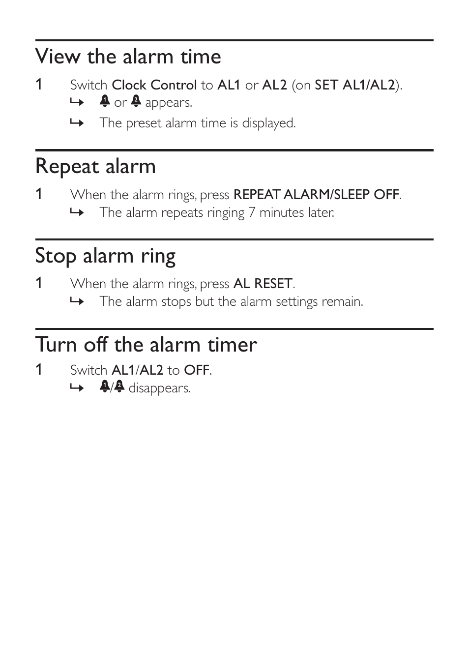 View the alarm time, Repeat alarm, Stop alarm ring | Turn off the alarm timer | Philips CLOCK/TIMER AJ1000 User Manual | Page 11 / 16