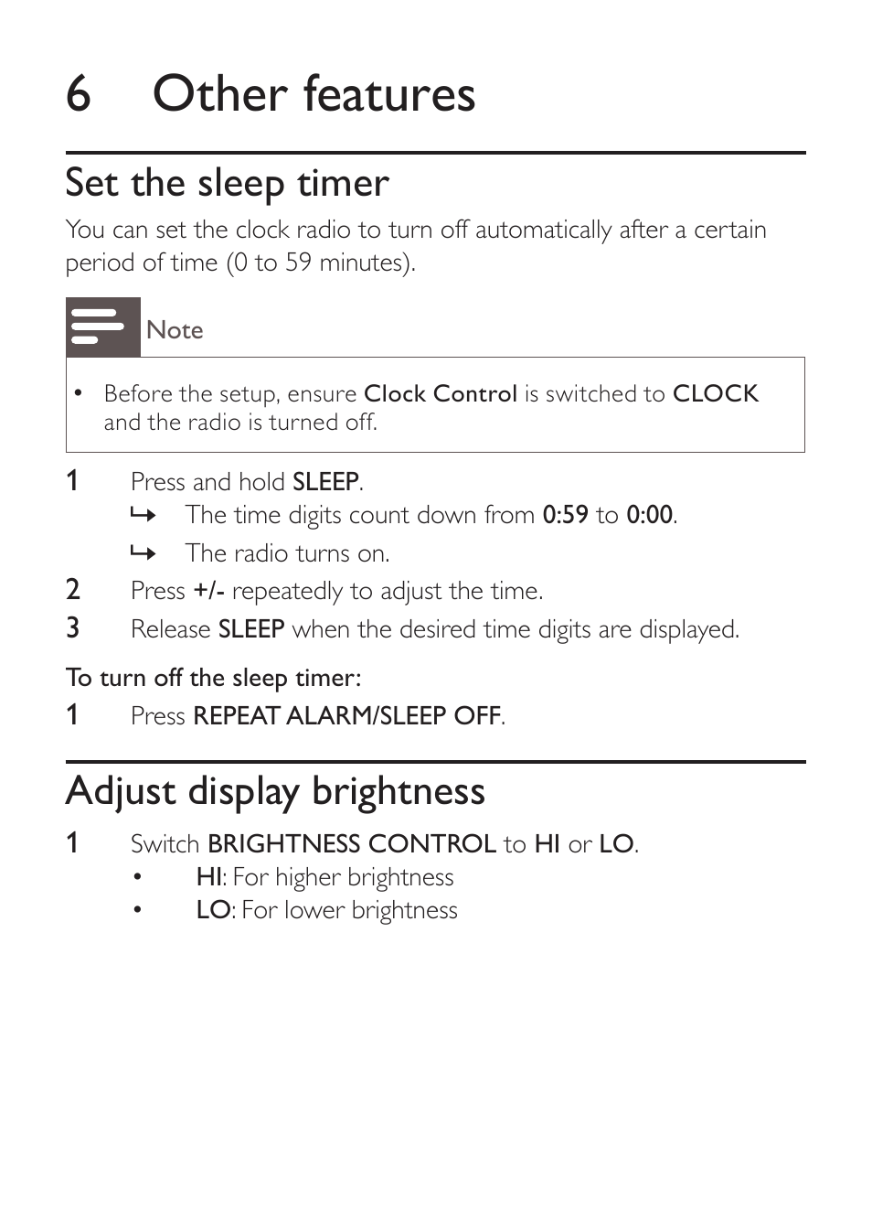 6 other features, Set the sleep timer, Adjust display brightness | Philips CLOCK/TIMER AJ1000 User Manual | Page 12 / 16