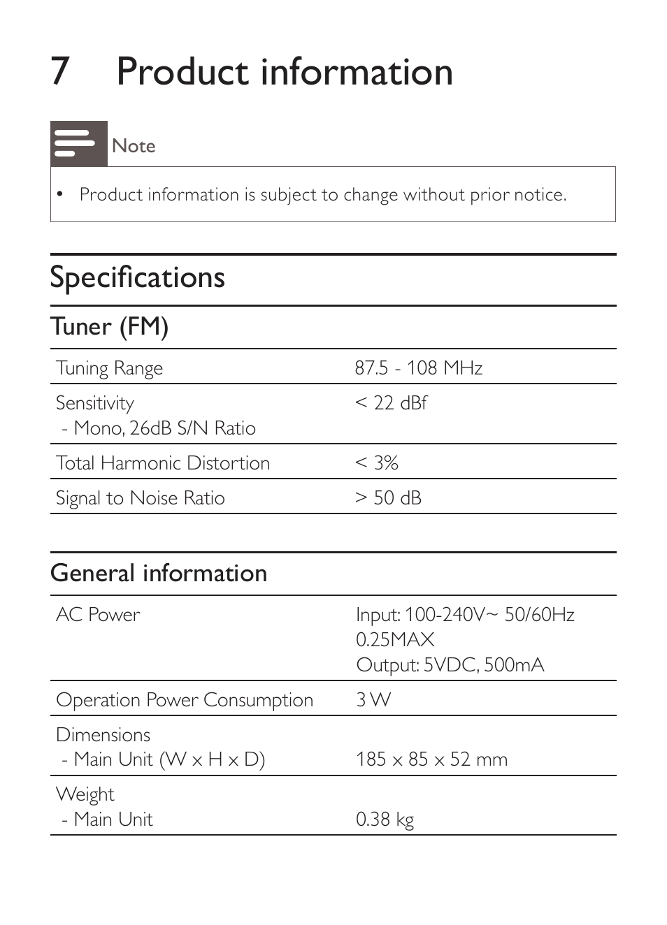 7 product information, Specifications, Tuner (fm) | General information | Philips CLOCK/TIMER AJ1000 User Manual | Page 13 / 16