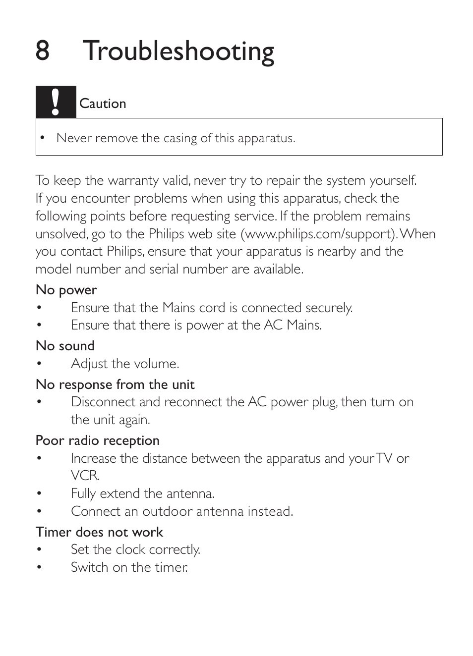 8 troubleshooting | Philips CLOCK/TIMER AJ1000 User Manual | Page 14 / 16